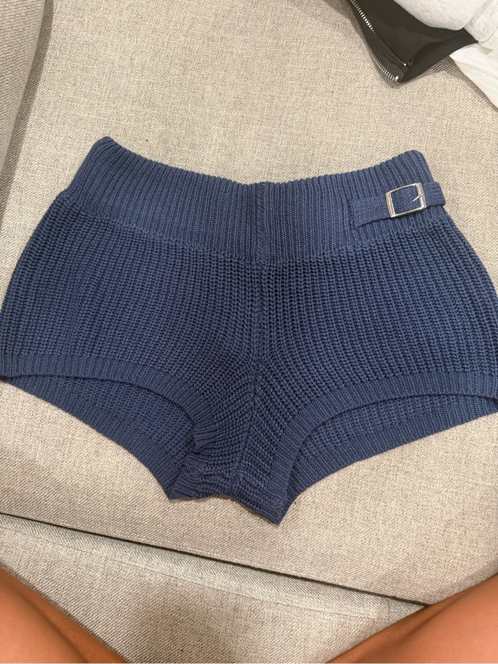 Edikted Navy Knit High-Waist Shorts with Buckle